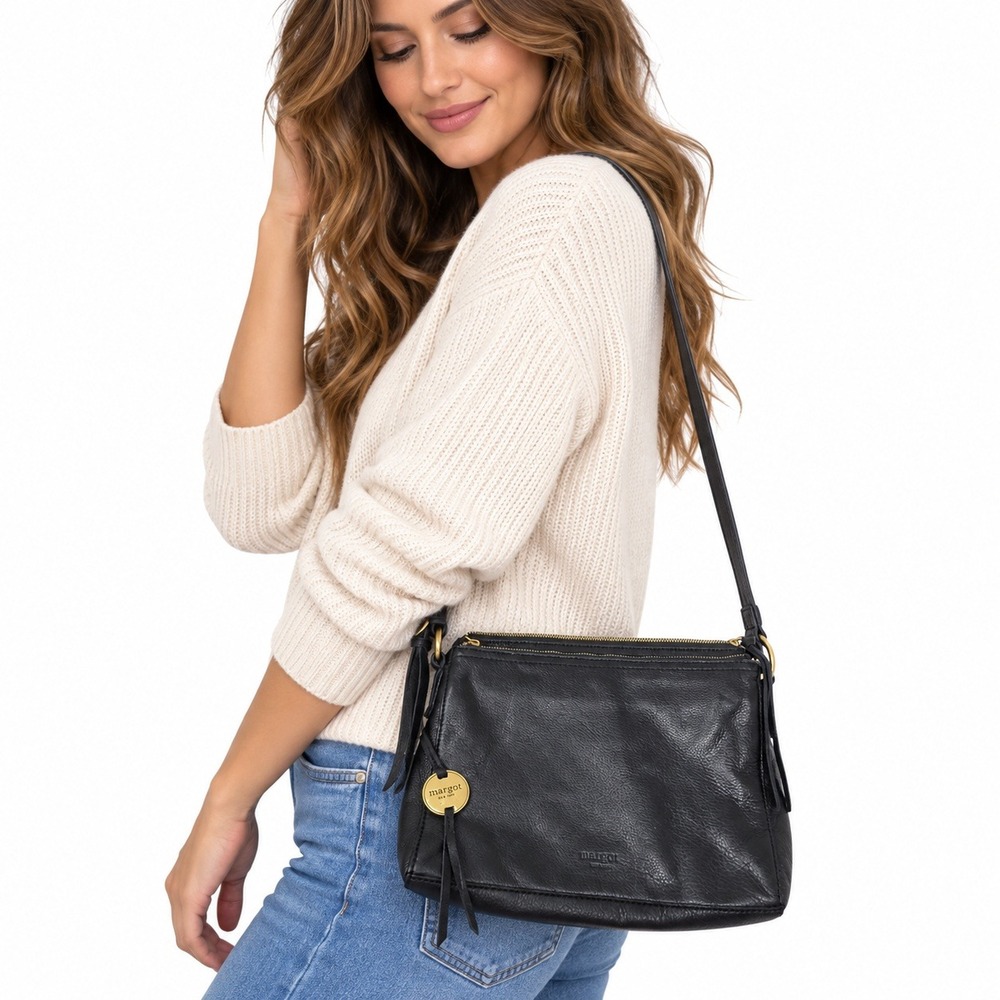 Margot NY Black Pebbled Leather Bag Triple Compartment Crossbody Gold Hardware